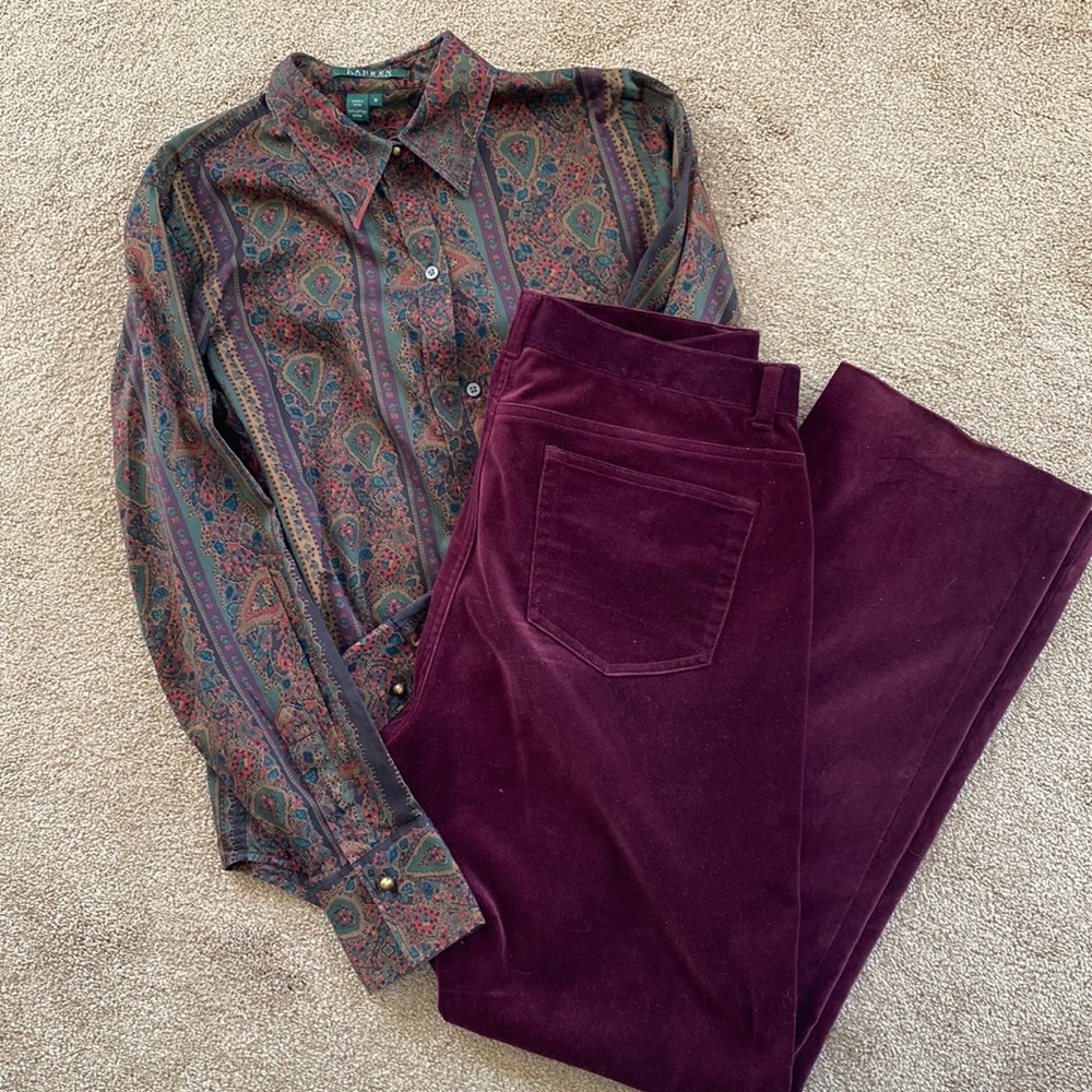 Ralph Lauren burgundy velvet pants, size 8 and matching blouse size M. Like new!